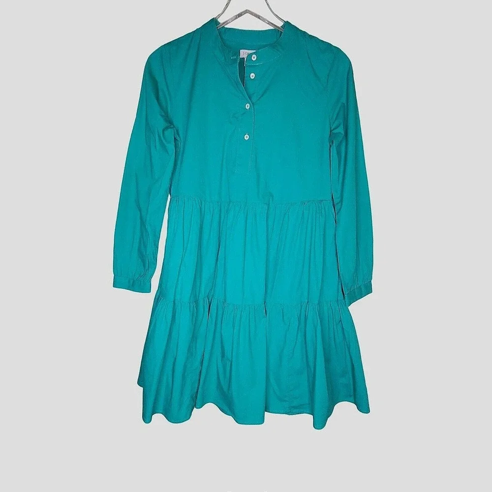 J Crew‎ Boho Tiered Babydoll Dress Green Cottage Peasant Long Sleeve Cotton XS